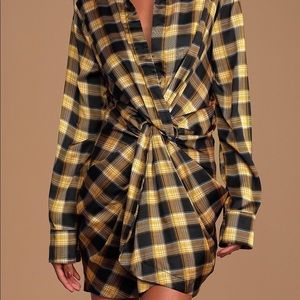 Lulus Yellow Plaid Twist-Front Shirt Dress